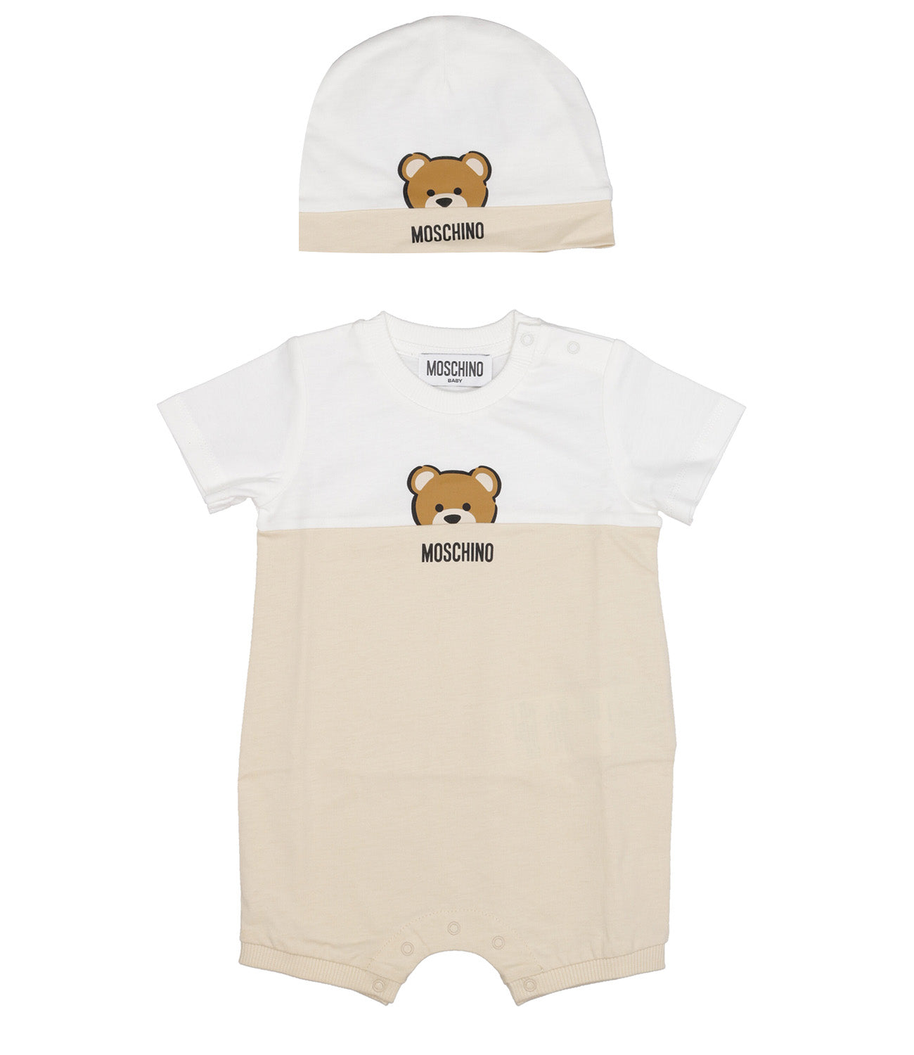 Moschino Baby | White and Beige Sleepsuit and Hat Set