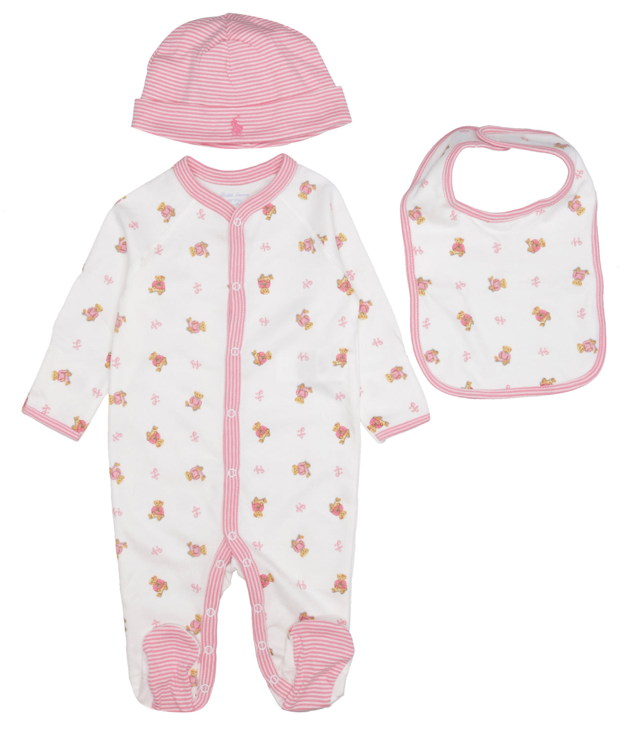 Ralph Lauren Childrenswear | Set Tutina Cappello e Bavaglino Bianco e Rosa