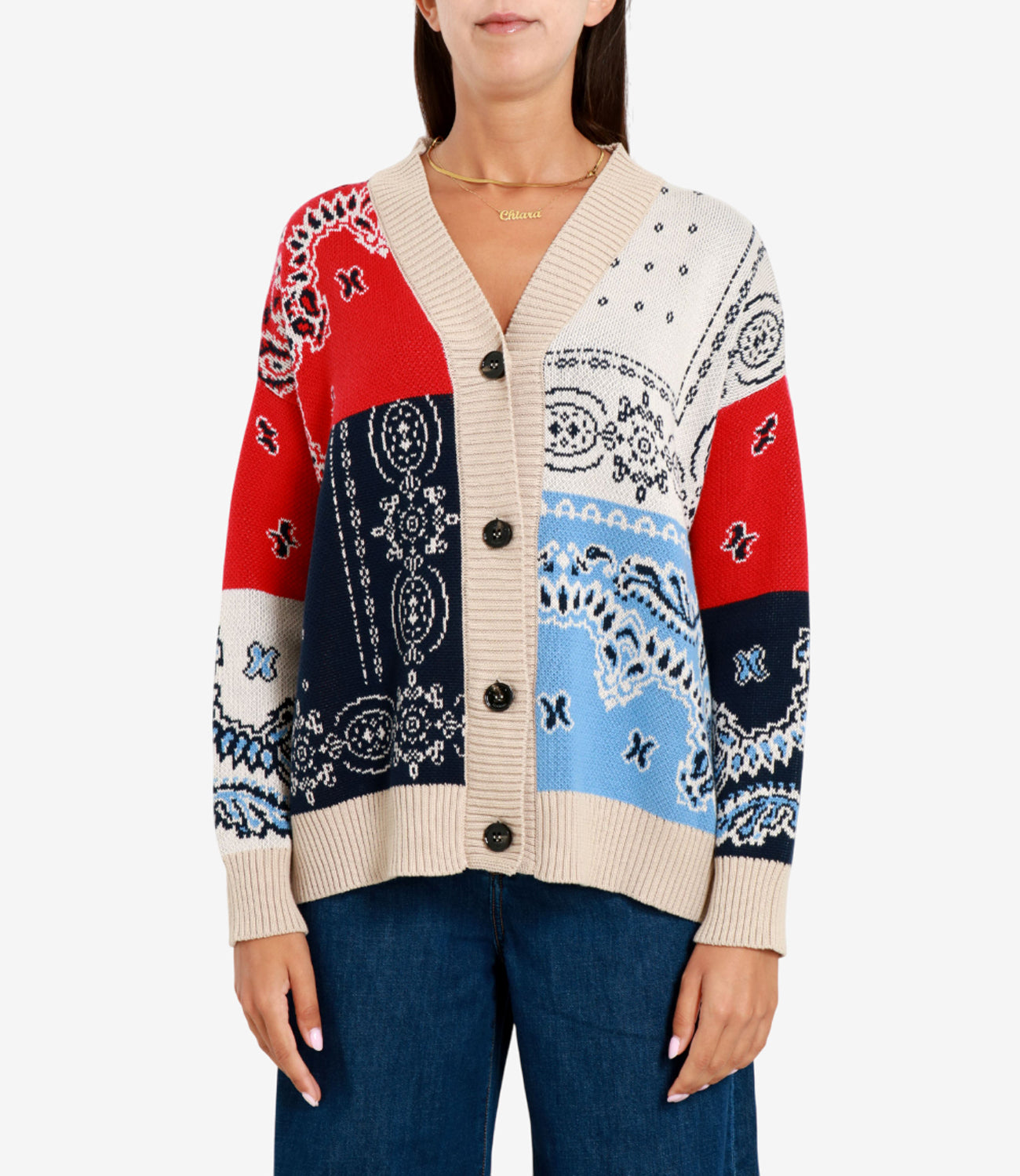 Max Mara Weekend | Cardigan Baobab Beige Rosso e Blu navy