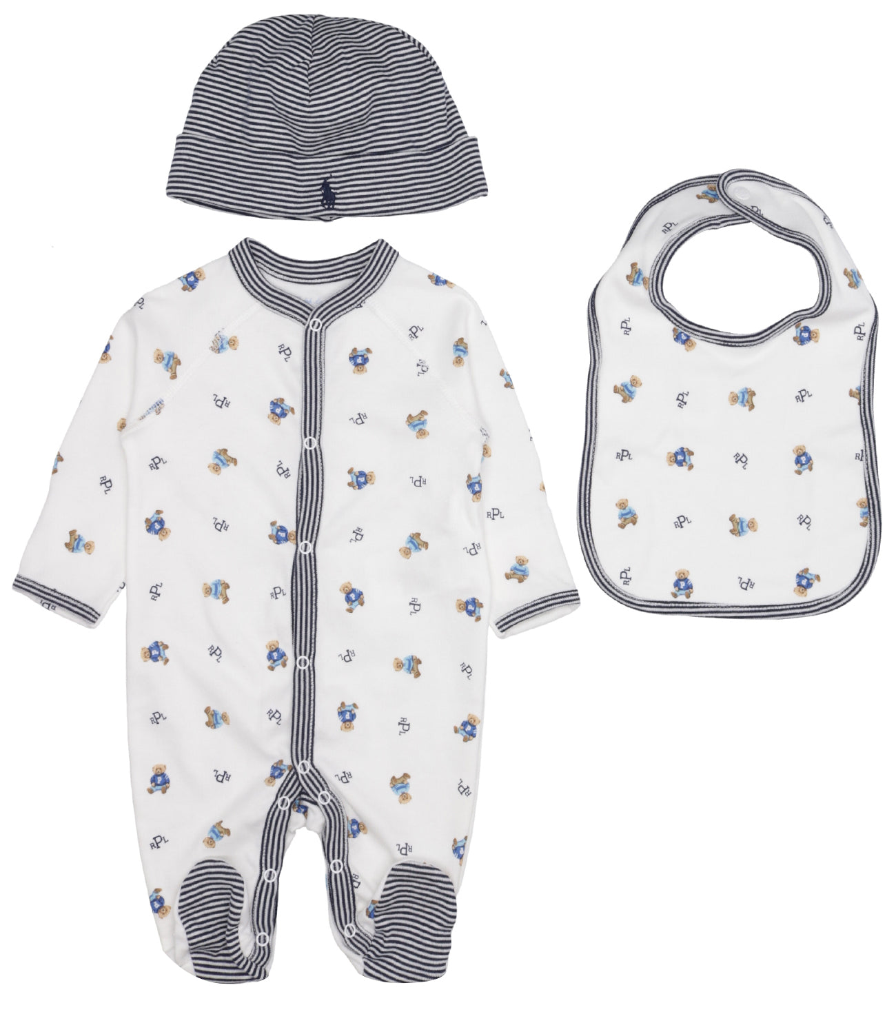 Ralph Lauren Childrenswear | Set Tutina Cappello e Bavaglino Bianco e Blu navy